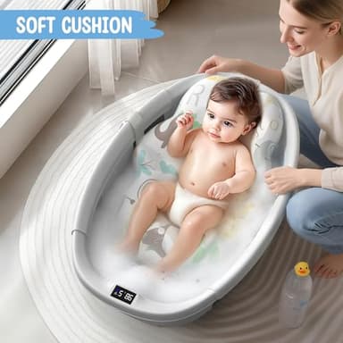 TOSGN Collapsible Baby Bathtub, 3s to Install, Baby Bath Tub with Soft Cushion & Thermometer, 0-36 Months Newborn Bathtub, Portable Travel Baby Tub, Grey - Image 2