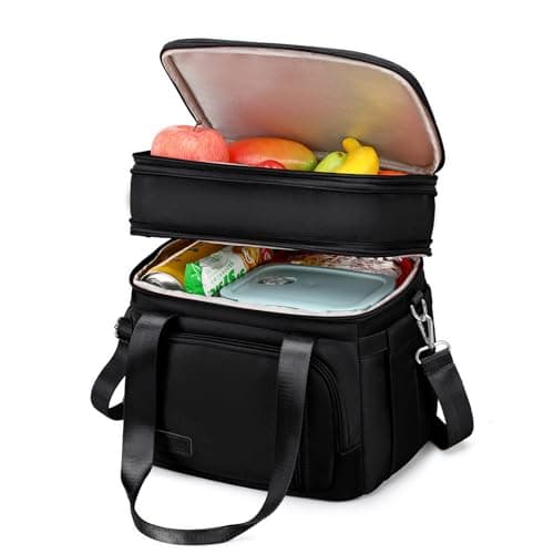 MAPLELILY Lunch Box for Men Women - Double Deck Insulated Lunch Bag, Large Leak Proof Tote Cooler, Wide Open Dual Compartment Lunch Bags with Shoulder Strap, For Work Picnic Hiking Beach, Black - Image 1