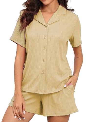 BEKOFO Women Ribbed Knit Pajamas Button Down Lounge Set 2 Pieces Pj Sets Loungewear Apricot S - Image 1