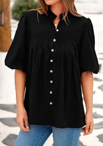 PRETTYGARDEN Women's 2025 Summer Short Lantern Sleeve Tops Loose Fit Button Down Shirt Pleated V Neck Blouses Trendy Clothes (Black,X-Large) - Image 5
