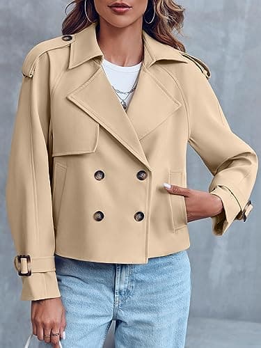 Saodimallsu Women Crop Double Breasted Trench Coat Raglan Sleeve Work Office Cropped Jacket With Pockets - Image 3