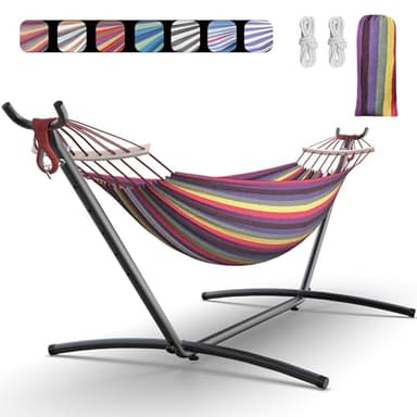 EveryFun Double Hammock with Heavy-Duty Steel Stand,Portable,Easy Assembly,600lbs Weight Capacity,Perfect for Indoor,Yard,Camping,or Outdoor-Rainbow - Image 1