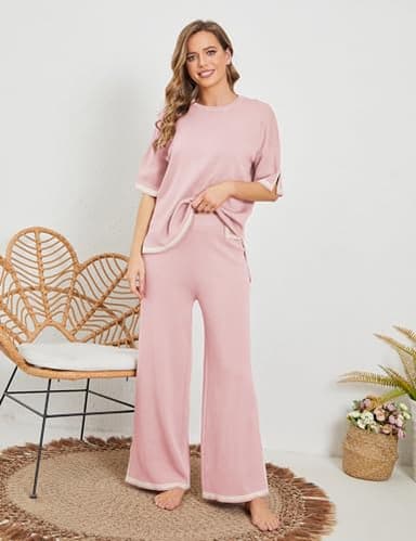 Tanming Sweater Sets Women 2 Piece Lounge Sets Short Sleeve Knit Pullover Tops Wide Leg Pants (Pink-XS) - Image 4