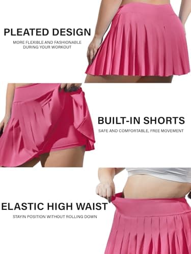 Moon Wood Women's Plus Size Pleated Tennis Skirt- Girls High Waist Athletic Golf Skirts with Shorts Hot Pink - Image 2