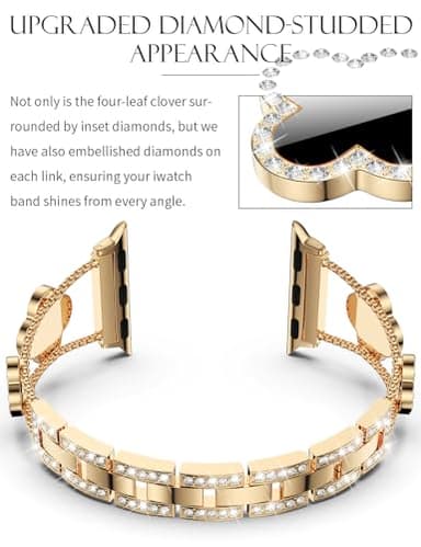 CTYBB Bling Diamond Band Compatible with Apple Watch Bands for Women 40mm 41mm 38mm 42mm Series 11 10 9 8 7 6 5 4 SE 3 2 1, Sparkle Metal Bracelet Wristband, Cute Lucky Clover Dressy iWatch Band,Gold/Black - Image 2