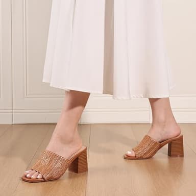 Ancomafio Women's Heeled Sandals Brown Raffia Heels Square Open Toe Heeled Mules Block Heels Summer Vacation Shoes Brown Size 7.5 - Image 5
