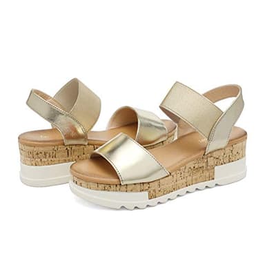 DREAM PAIRS Womens Open Toe Elastic Strap Casual Flatform Platform Sandals,Size 8,Gold-2,Reed-2 - Image 2