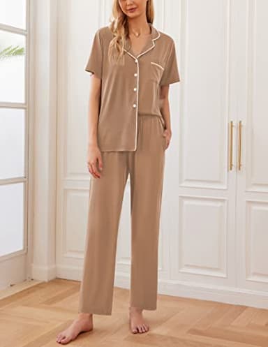 Ekouaer Women Pajamas Set Button Down Sleepwear Short Sleeve Nightwear with Long Pants Soft Pjs Set S-XXL Brown M - Image 2