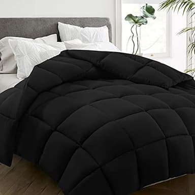 HYLEORY All Season Queen Size Bed Comforter - Cooling Goose Down Alternative Quilted Duvet Insert with Corner Tabs - Winter Warm - Machine Washable - Black - Image 1
