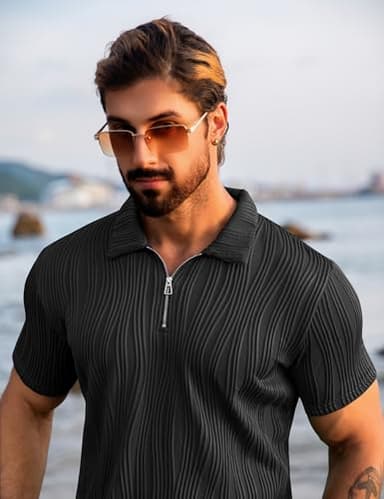 URRU Men's 2 Piece Outfits Short Sleeve Casual Zip Polo Shirt and Shorts Set Black XL - Image 6