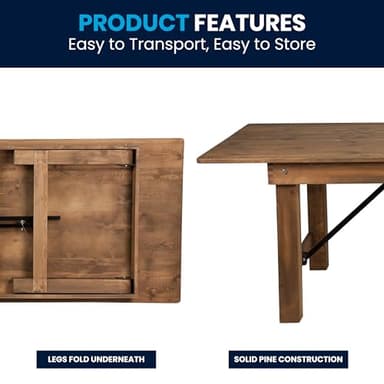 Flash Furniture Hercules Series 8' x 40" Rustic Solid Pine Folding Dining Table, Rectangular Antique Farmhouse Dining and Event Extension Table - Image 9