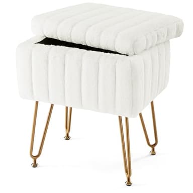 Sweetcrispy Vanity Stool Chair with Storage, 18.9”H x 16”L x 12.2”W Ottoman Chair Faux Fur Soft Padded Makeup Footstools Seat with 4 Metal Legs Anti-Slip Adjustable Feet for Make Up, White - Image 1