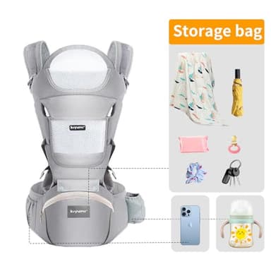 KIYUMI Baby Carrier with Hip Seat, 6- in-1 Baby Carrier Newborn to Toddler, Ergonomic M Position, Head Support and Breathable Mesh,Adjustable Removable Baby Sling Carrier (7-45 lbs), Grey - Image 5