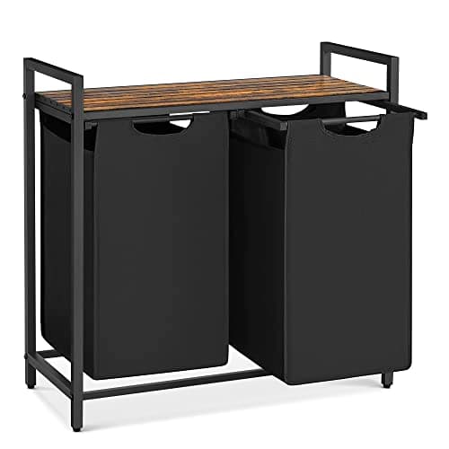 VASAGLE Laundry Hamper, Laundry Basket, Laundry Sorter with 2 Pull-Out and Removable Bags, Shelf, Metal Frame, 2 x 12.1 Gallons (46 L), 28.8 x 13 x 28.4 Inches, Ink Black and Rustic Brown UBLH201B01 - Image 1