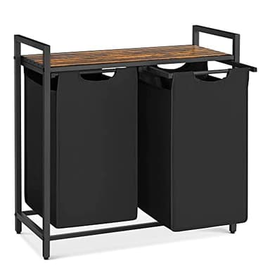 VASAGLE Laundry Hamper, Laundry Basket, Laundry Sorter with 2 Pull-Out and Removable Bags, Shelf, Metal Frame, 2 x 12.1 Gallons (46 L), 28.8 x 13 x 28.4 Inches, Ink Black and Rustic Brown UBLH201B01 - Image 1