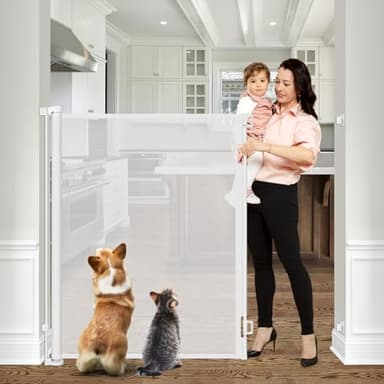 48 Inch Extra Tall Pet Gate 55" Wide Retractable Baby Gates, Extra Tall Cat Gate Indoor/Outdoor Retractable Gate Tall Baby Gates for Dogs Extra Tall Gates for Cats - No Jumping Over, White - Image 1