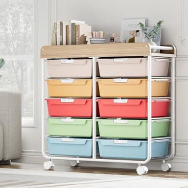 Rolling Storage Cart with Wooden TableTop, Utility Cart with 10 Large Drawers for Craft Organizers, Art Supply Storage, Home Office Organization, Cart with Wheels for Classroom, Living Room, Colorful - Image 2