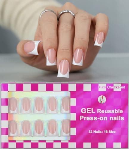 Anyos 16 Sizes French Tip Short Duck Press on Nails,Soft Gel Fake Nails Glossy 32pcs with Nail Glue (Classic French) - Image 1