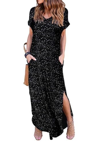 HUSKARY Women's Summer Maxi Dress Casual Loose Pockets Long Dress Short Sleeve Split-Foil Silver - Image 1