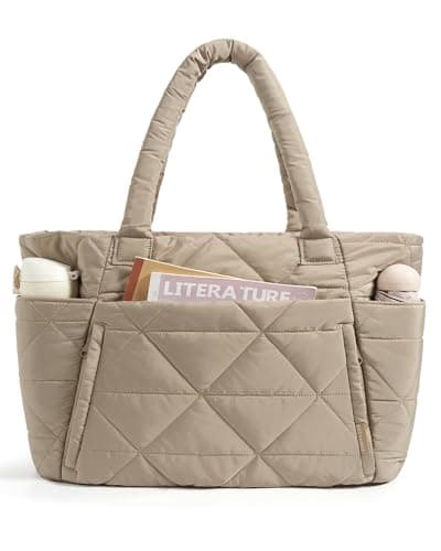 BAGSMART Tote Bag for Women, Puffy Tote Bag with Zipper, Large Quilted Shoulder Bag with Compartments for Travel, Work, Gym (Grayish Brown) - Image 1