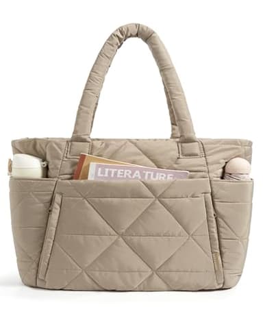 BAGSMART Tote Bag for Women, Puffy Tote Bag with Zipper, Large Quilted Shoulder Bag with Compartments for Travel, Work, Gym (Grayish Brown) - Image 1