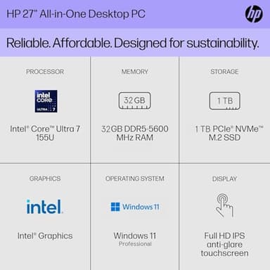 HP All-in-One Touchscreen Desktop Computer, 27" FHD IPS, Adjustable Height, Intel Ultra 7 155U (Up to 4.8 GHz), Intel Graphics, 32GB DDR5, 1TB SSD, Wireless KB & Mouse, Windows 11 Pro, w/Accessories - Image 3