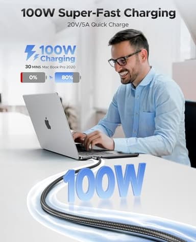 ORICO 100W USB-C Cable with LED Display, 2-Pack 6.6ft Nylon Braided PD Fast Charging for iPhone 16/15 Series, MacBook, iPad Pro/Air, Galaxy S23/S22 - Image 3