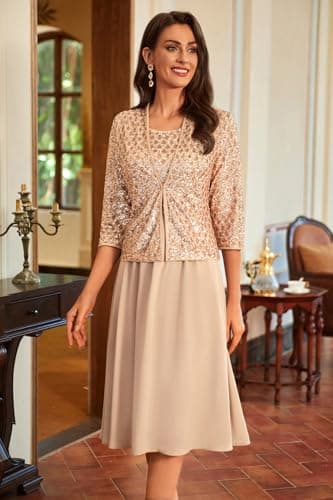 Gold Mother of The Bride Dresses Formal Wedding Party Dress Two Piece Dress with Chiffon Jacket Champagne L - Image 4