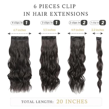 Fliace Synthetic Clip in Hair Extensions, 6 PCS Natural & Soft Hair & Blends Well Hair Extensions, Dark Brown Long Wavy Hairpieces(20inch, 6pcs, Dark Brown) - Image 2