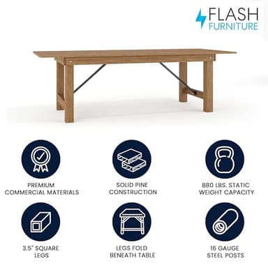 Flash Furniture Hercules Series 8' x 40" Rustic Solid Pine Folding Dining Table, Rectangular Antique Farmhouse Dining and Event Extension Table - Image 3