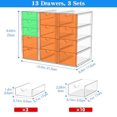 Acrylic Makeup Organizer with 13 Drawers, Bathroom Counter Organizer, Acrylic Organizers, Desk Organizer, Office Supplies, Storage Drawers for Cosmetic, Pencil, Coffee, etc 3 Pack - Image 3