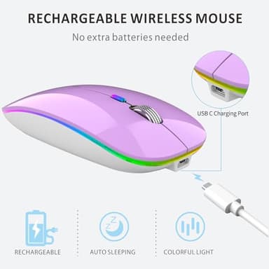Uiosmuph LED Wireless Mouse, G12 Slim Rechargeable Wireless Silent Mouse, 2.4G Portable Optical Computer Mice with USB Receiver and Type C Adapter (Purple) - Image 6