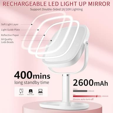 Lighted Makeup Mirror, 2600mAh Rechargeable 1x/10x Magnifying Vanity Mirror, 8.5" Height Adjustable Makeup Mirror with Lights 3 Color, 360° Rotation 2-Sided Light up Large Desk Mirror, Gifts for Women - Image 3