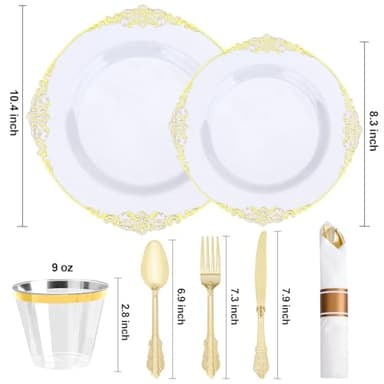 Realluck 350 PCS White and Gold Plastic Plates, Plastic Dinnerware Set for 50 Guests, 100 Disposable Plates, 150 Silverwares, 50 Cups, 50 Napkins for Party, Wedding, Graduation - Image 3