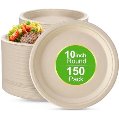 JOLLWEI 10 Inch Compostable Disposable Paper Plates, 150 Pack Heavy Duty Paper Plates, Made Of Eco-Friendly, Natural Sugarcane Bagasse - Image 1