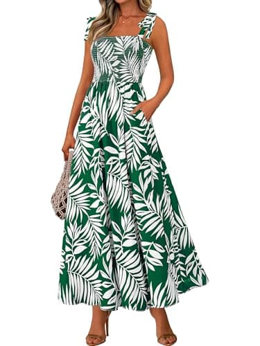 PRETTYGARDEN Womens Summer Dresses Floral Sleeveless Smocked Maxi Dress Boho Spaghetti Strap A Line Flowy Beach Long Sundress(Green Flower,X-Large) - Image 1