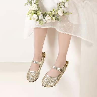 PANDANINJIA Toddler/Little Kid Girl's Angela Dress Mary Jane Ballet Flats Bow Flower Girl Wedding Party Ballerina Flat Shoes (Gold Sequin, 10 M US Toddler) - Image 3