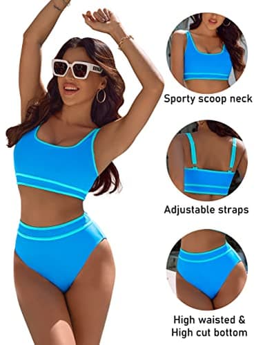 BMJL Women's High Waisted Bikini Sets Sporty Two Piece Swimsuits Color Block Cheeky High Cut Bathing Suits(M,Blue) - Image 3
