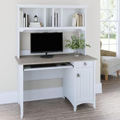 Bush Furniture Salinas Computer Desk with Hutch | Study Table with Drawers, Cabinets & Pullout Keyboard/Laptop Tray | Modern Home Office Desk in Pure White and Shiplap Gray | Work Desk with Storage - Image 2