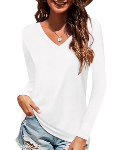 Elesomo Women's Long Sleeve Tshirts V Neck Casual Tops Cotton Tee Shirt, White XXL - Image 1