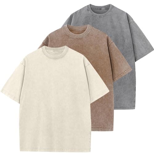 3 Pcs Oversized Heavy Cotton Summer T-Shirts Vintage Unisex Short Sleeves Casual Loose Basic Tops(Beige+Coffee+Grey L) - Image 1