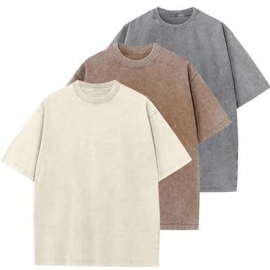 3 Pcs Oversized Heavy Cotton Summer T-Shirts Vintage Unisex Short Sleeves Casual Loose Basic Tops(Beige+Coffee+Grey L) - Image 1