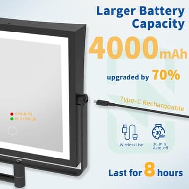 Ruacq Rechargeable Wall Mounted Makeup Mirror with Lights, Double Sided 1X/10X Magnifying Vanity Mirror with 3 Color Lighting, Touch Screen Dimmable, 360° Rotation Extension Foldable Arm(Matte Black) - Image 3