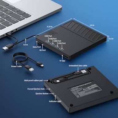 External CD/DVD Drive for Laptop – 7-in-1USB Portable CD/DVD Player Burner, High-Speed External Disk Drive with SD/TF Card Reader, 4 USB 3.0 Ports, Compatible with Windows 11/10, Linux, Mac (7 IN 1) - Image 7