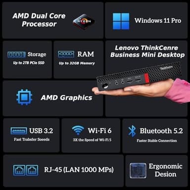 Lenovo ThinkCentre Mini Business Desktop, Ultra-Quiet Design, Dual-4K Monitor Support, 16GB Memory, 1TB PCIe SSD, AMD Dual-Core Processor, USB-C, Wi-Fi, RJ-45, Bluetooth, KB & Mouse, Windows 11 Pro - Image 2