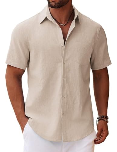 COOFANDY Men's Casual Button Down Shirts Vacation Shirts Camp Shirts Short Sleeve Khaki - Image 1