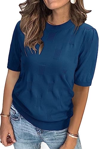 Arach&Cloz Womens Summer Fall Tops 2025 Fashion Short Sleeve Sweaters Crew Neck Lightweight Knit Dressy Teacher Blouse Blue - Image 1