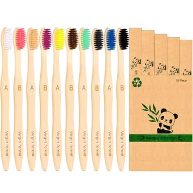 Virgin Forest 10 Count Bamboo Toothbrush, Soft Bristle for Adults, Eco Friendly Natural Wooden Toothbrushes, Vegan Organic Bamboo Travel Tooth Brush (10 Colors) - Image 1