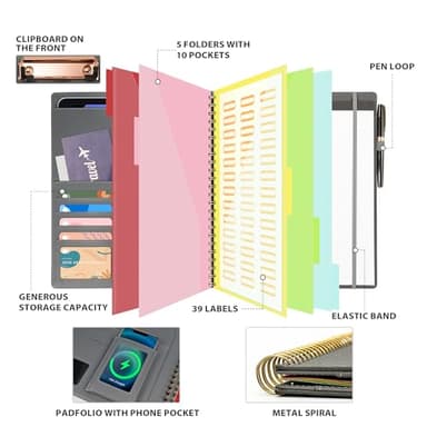 Clipboard with Storage for Men Women, Leather Padfolio Portfolio Organizer 5 Folders with 10 Pockets, Spiral Clipboard Folio with Notepad for Letter Size, Elastic Closure and Pen Loop Grey - Image 2