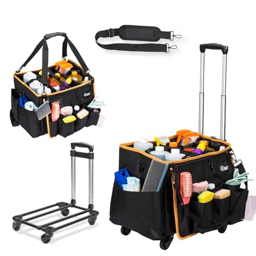 YMU Large Rolling Cleaning Caddy Bag With Detachable Trolley, 4 in 1 Portable Cart for Housekeeping With Swivel Caster & Shoulder Strap, Waterproof Supplies Organizer
